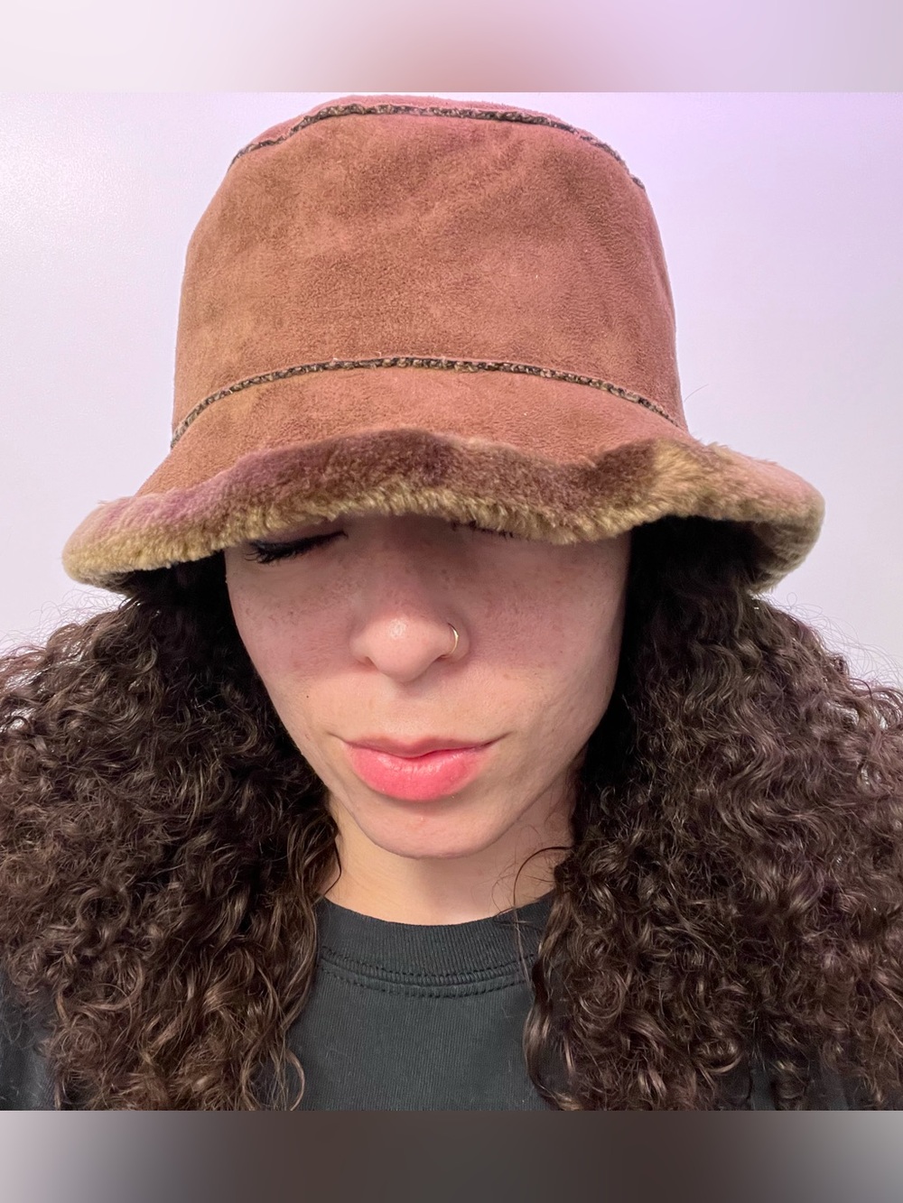 Y2K Faux Suede Fur Trim Bucket Hat Chocolate Brown D&Y Cute Lizzie McGuire
